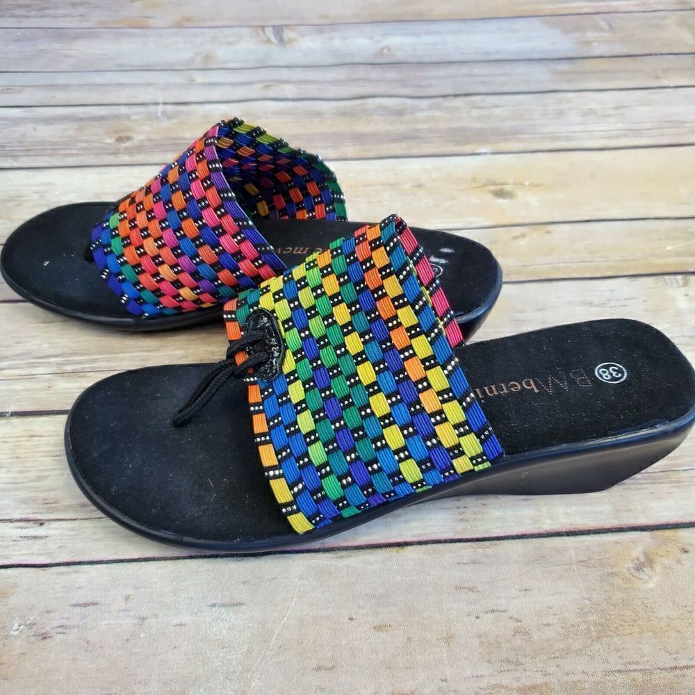 Bernie Mev. EUR 38 US Womens 7 Florida Rainbow Wedge Sandals Colorful